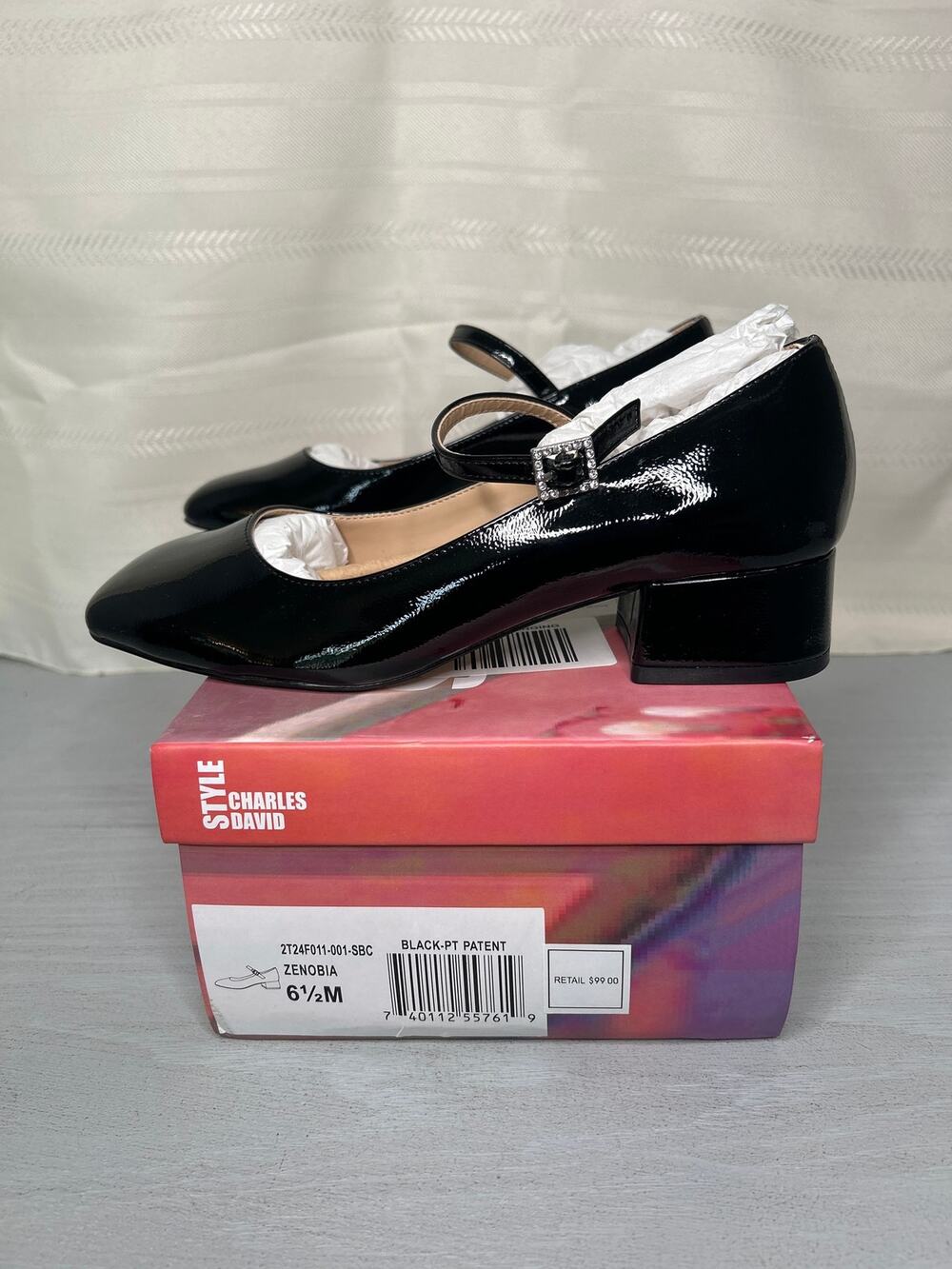 Charles David Zenobia Rhinestone Block Heel Mary Jane Black Womens Size 6.5